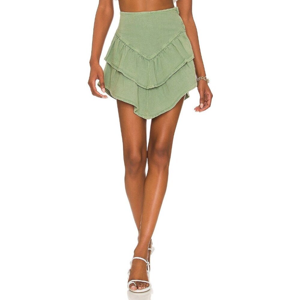 Mother The Ruffle Tiered Mini Skirt Loden Frost Womens Size 25 Side Zip Stretch